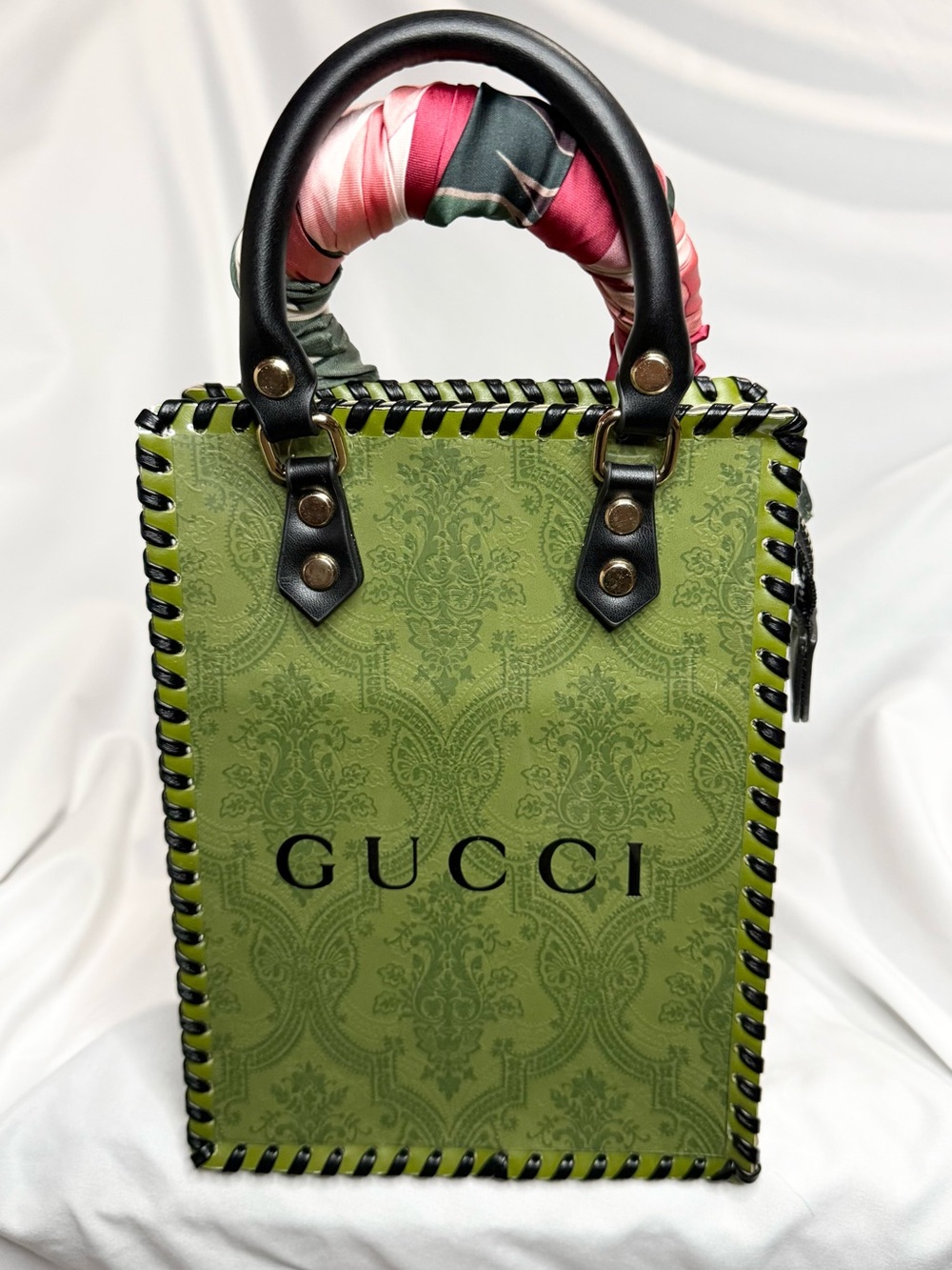 Upcycled Gucci Olive Green Tote with Pink-Green Scarf Handle and Gold Charm - Picture 2 of 7